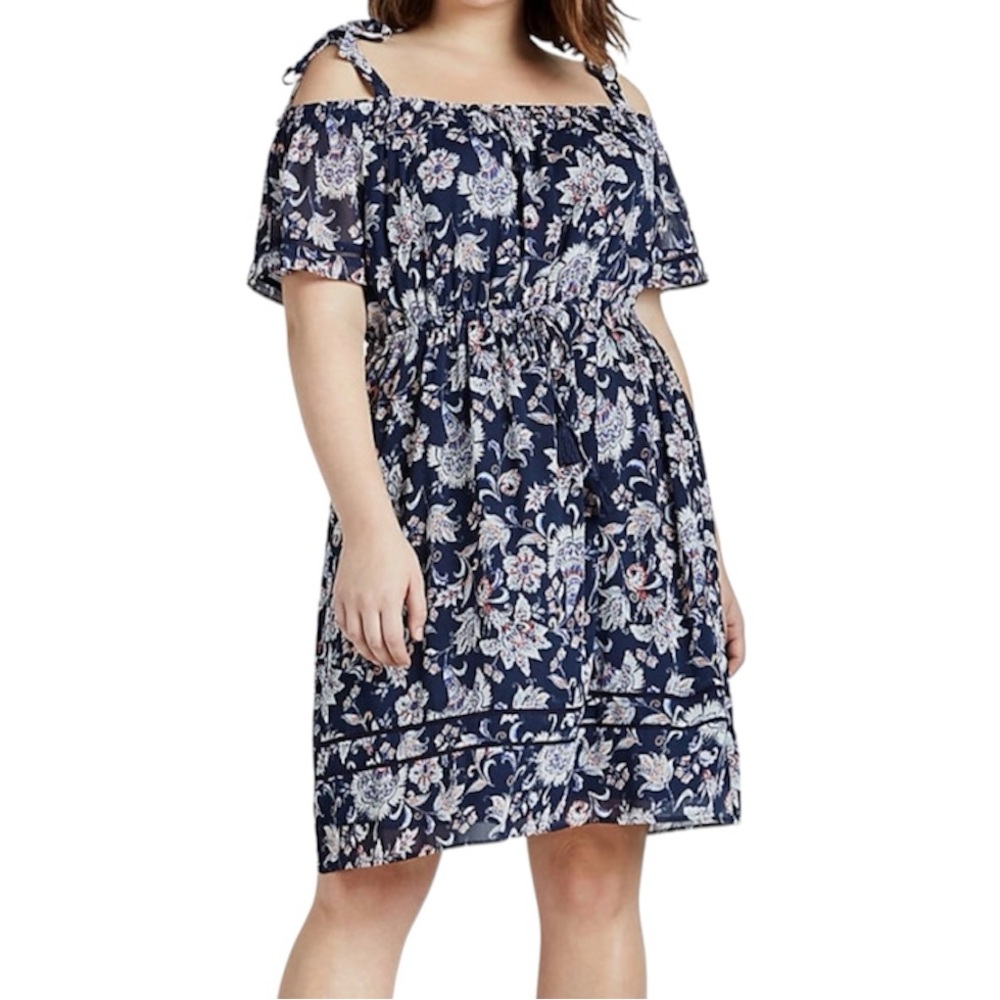 Lucky Brand Plus Size off the shoulder Tie shoulder blue floral dress size 1X